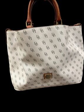 Dooney & Bourke White Signature Logo Tote with Brown Leather Handles